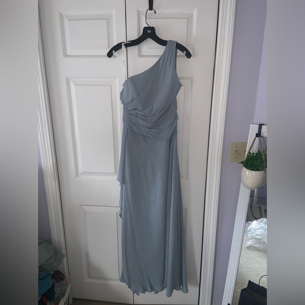 David’s bridal one shoulder dusty blue chiffon dress